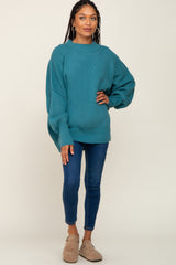 Teal Blue Mock Neck Exposed Seam Sweater