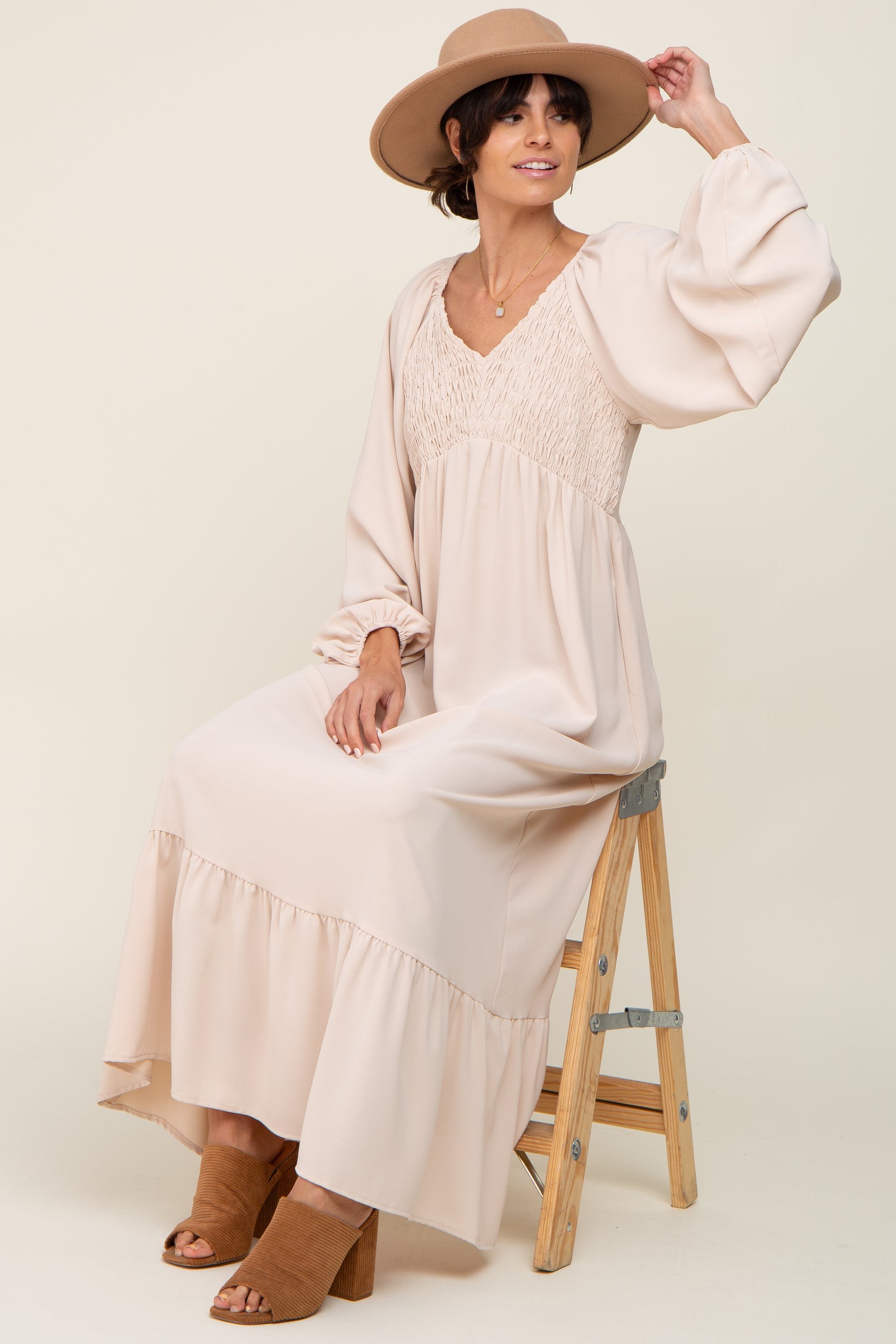 long balloon sleeve maxi dress Chloe Smocked Bodice Long Balloon Sleeve Maxi Dress