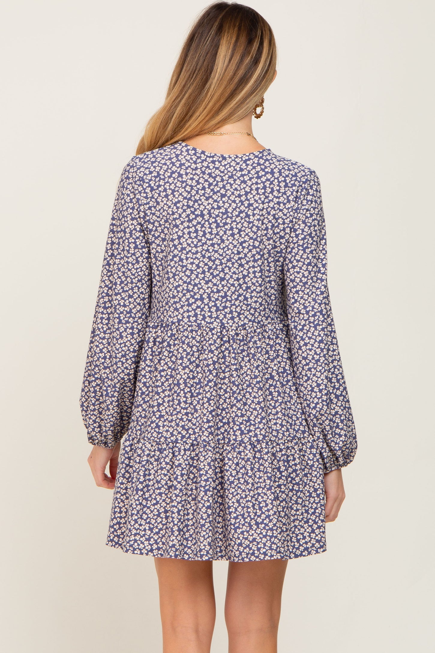 Navy Floral Long Sleeve Tiered Maternity Dress