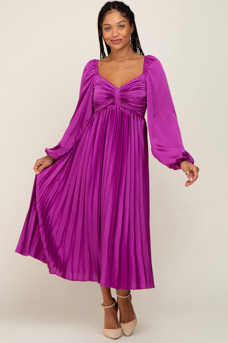 Purple Satin Pleated Midi Dress– PinkBlush