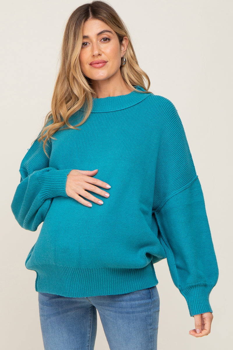 Turquoise Ribbed Knit Long Sleeve Maternity Sweater PinkBlush