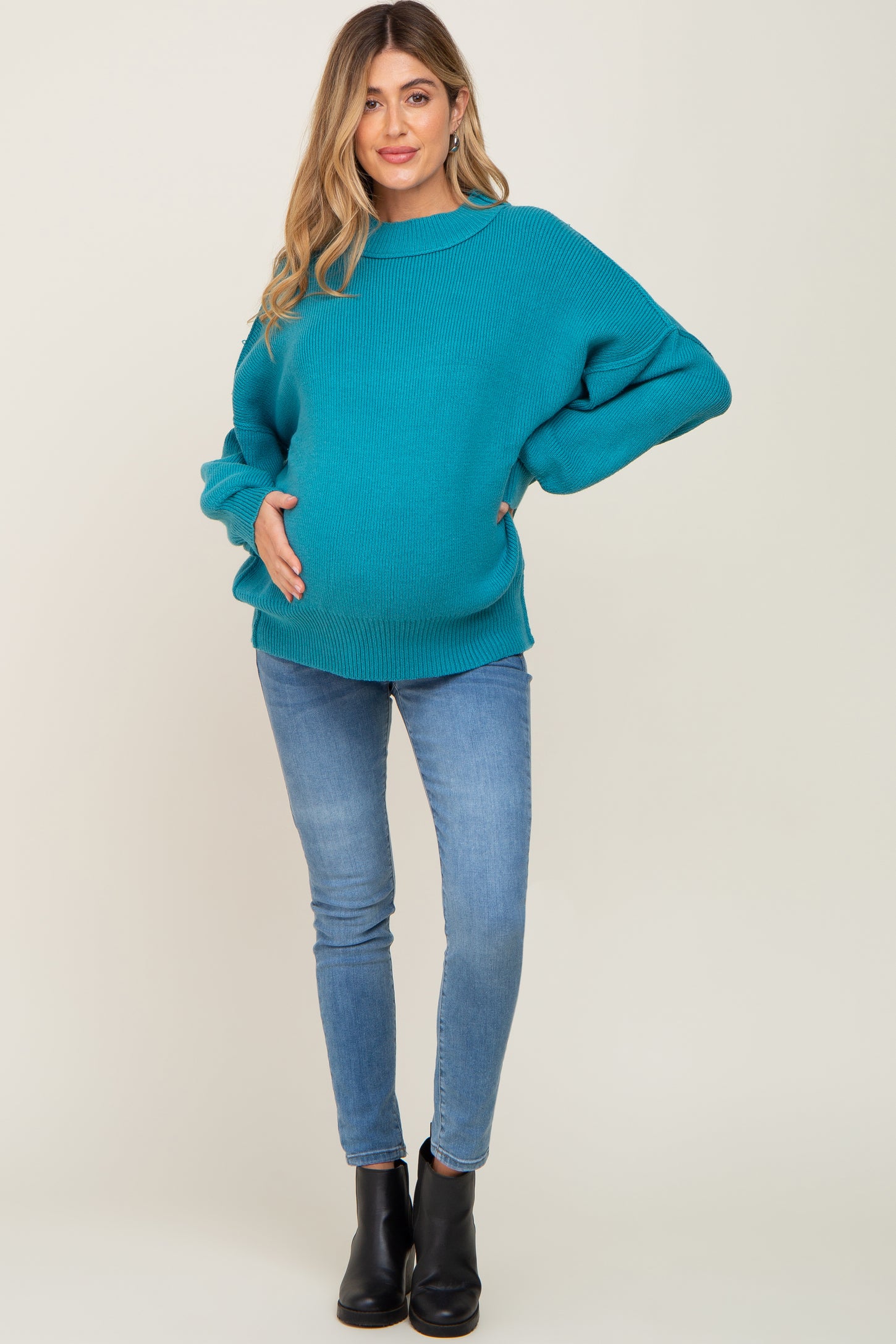 Turquoise Ribbed Knit Long Sleeve Maternity Sweater PinkBlush