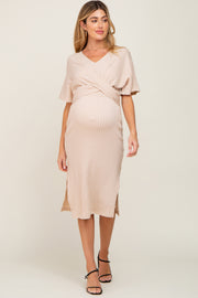 Beige Cable Knit Front Twist Maternity Midi Dress