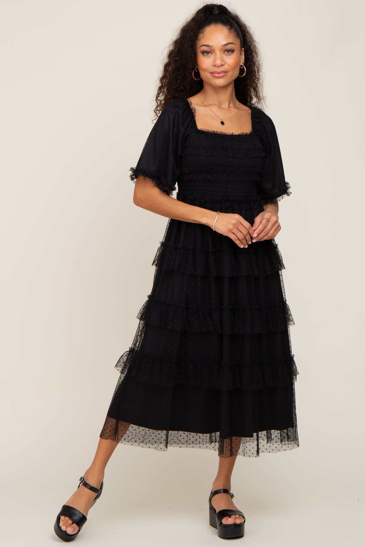 Black Dot Smocked Ruffle Tiered Midi Dress