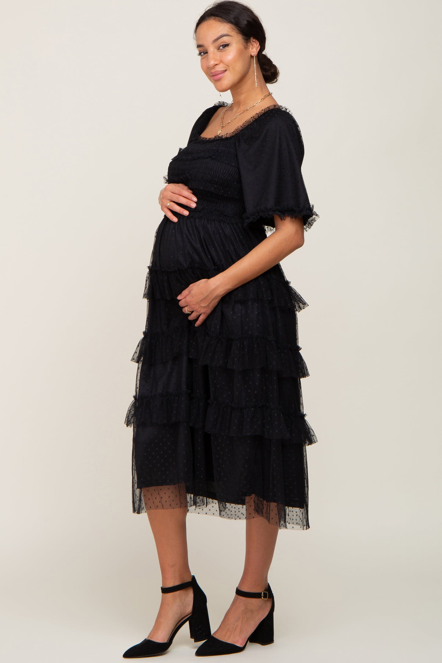 Black Dot Smocked Ruffle Tiered Maternity Midi Dress