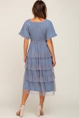 Blue Dot Smocked Ruffle Tiered Midi Dress