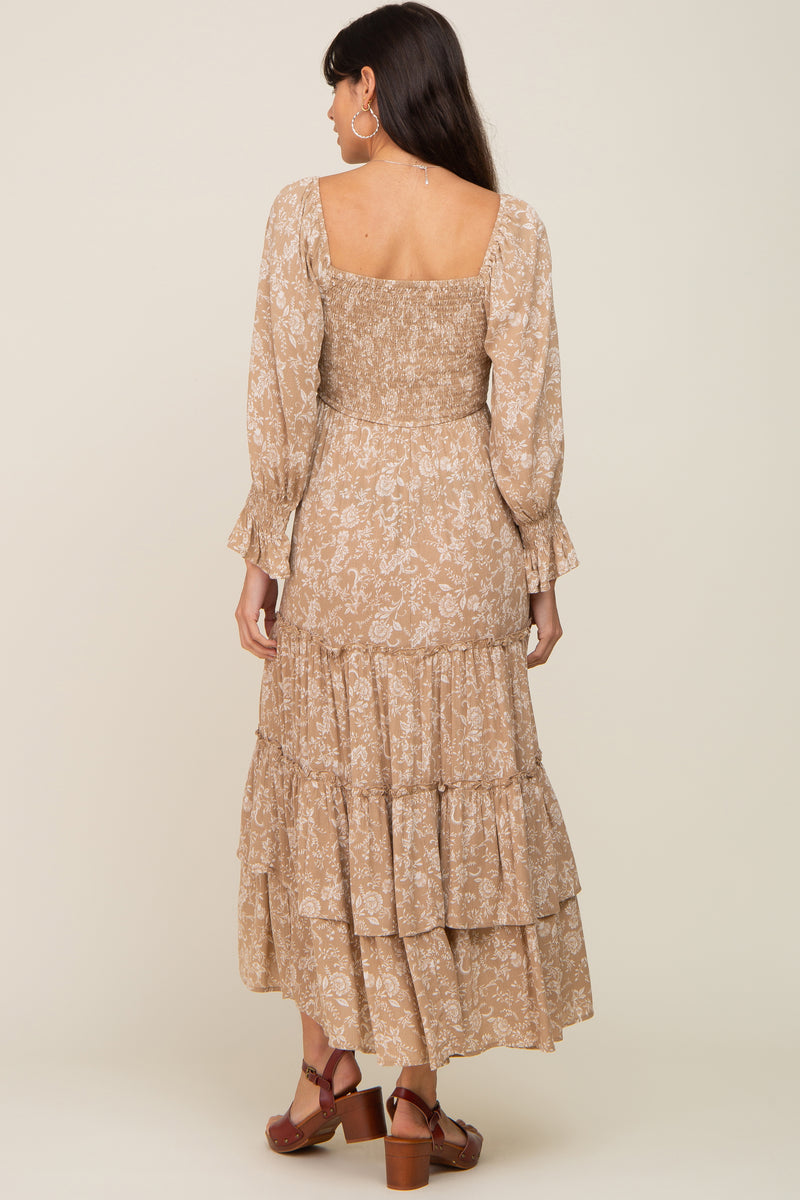Beige Floral Cutout Smocked Tiered Maxi Dress – PinkBlush
