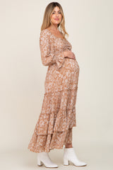 Beige Floral Cutout Smocked Tiered Maternity Maxi Dress