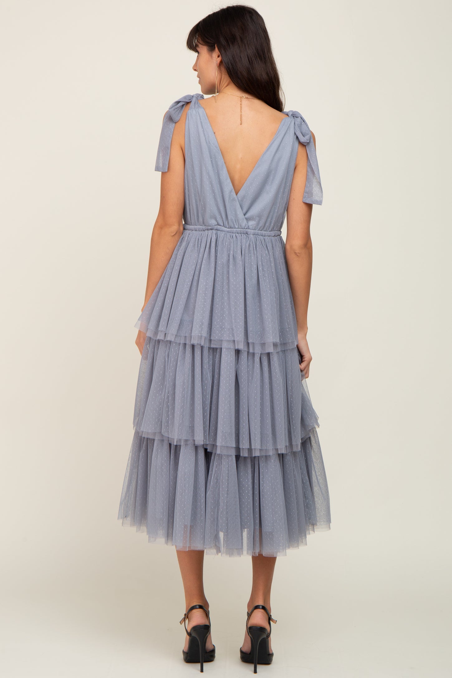 Light Blue Sleeveless Tiered Tie Strap Tulle Midi Dress