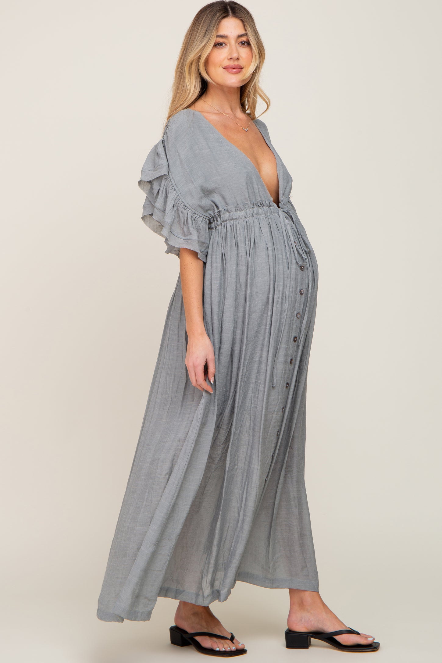 Grey Deep V-Neck Button Down Maternity Maxi Dress