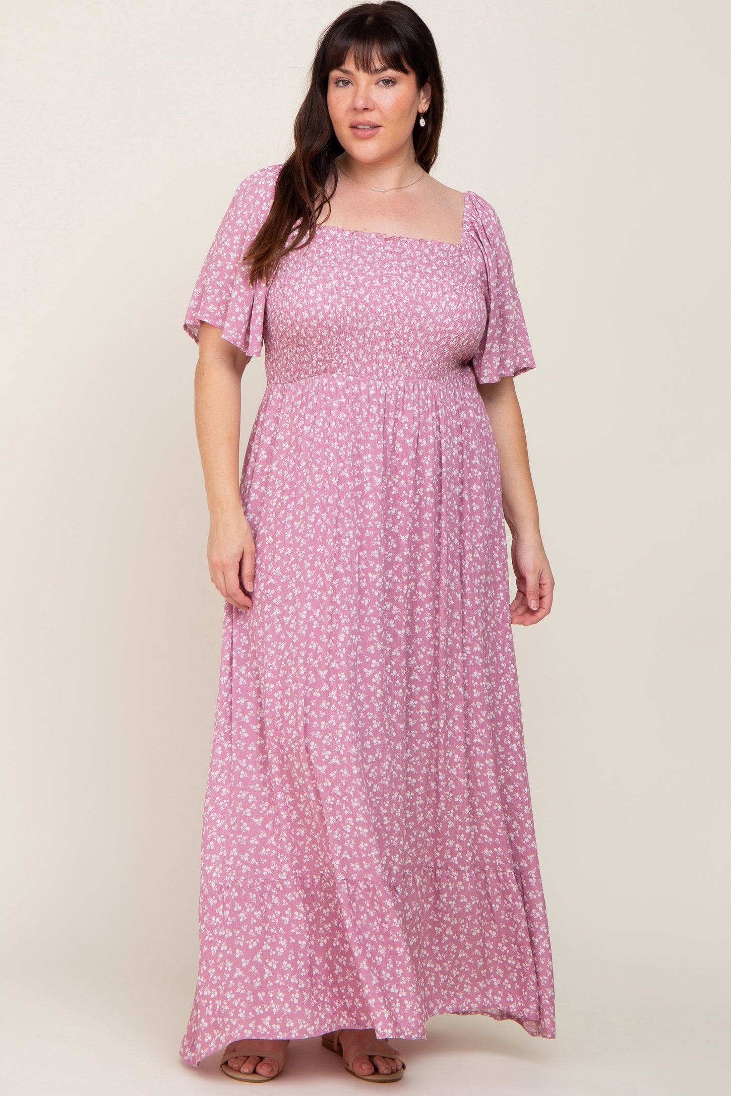 Lavender Floral Smocked Flounce Sleeve Maternity Plus Maxi Dress – PinkBlush
