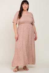 Taupe Floral Smocked Flounce Sleeve Plus Maxi Dress