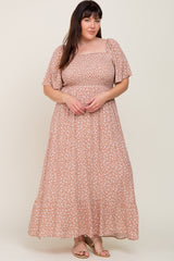Taupe Floral Smocked Flounce Sleeve Plus Maxi Dress