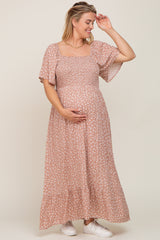 Taupe Floral Smocked Flounce Sleeve Maternity Plus Maxi Dress