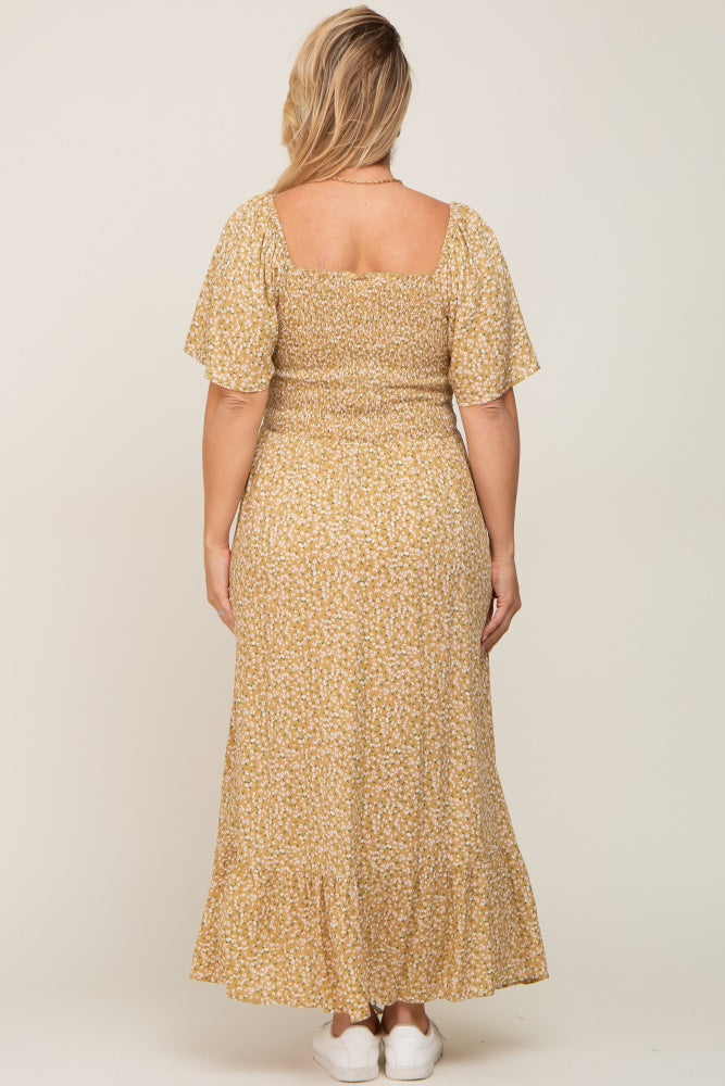 Yellow Floral Smocked Flounce Sleeve Maternity Plus Maxi Dress