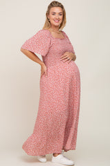 Mauve Floral Smocked Flounce Sleeve Maternity Plus Maxi Dress