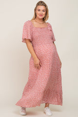 Mauve Floral Smocked Flounce Sleeve Maternity Plus Maxi Dress