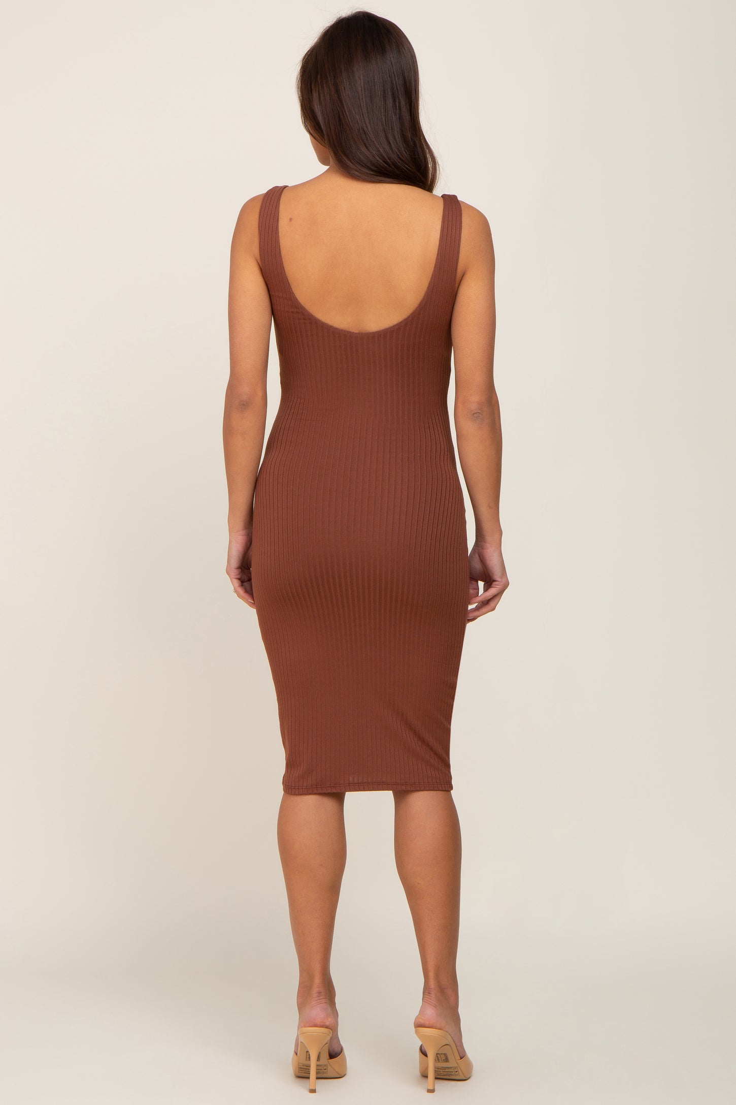 Brown Ribbed Scoop Neck Fitted Maternity Dress