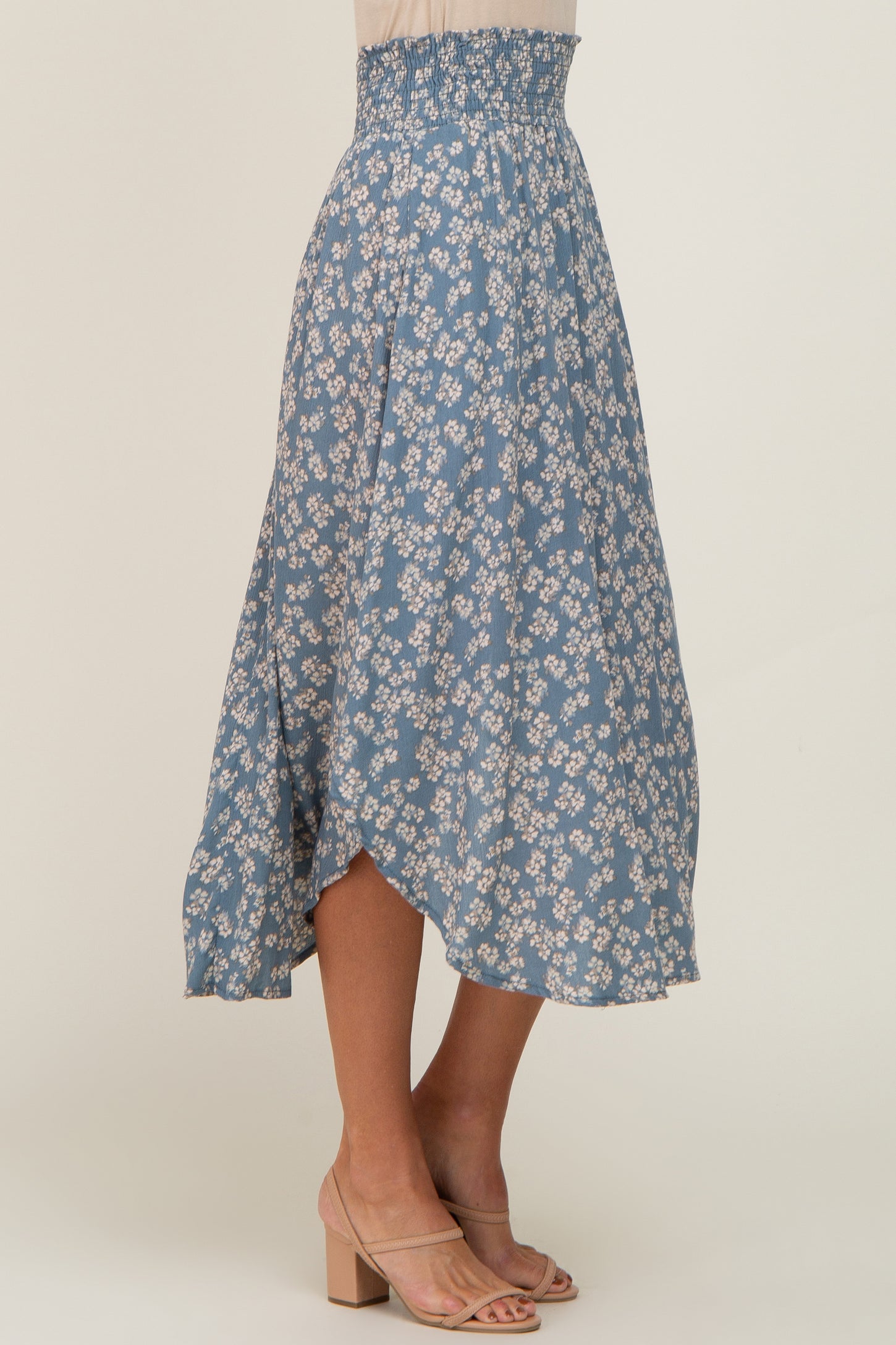 Blue Floral Round Hem Midi Skirt