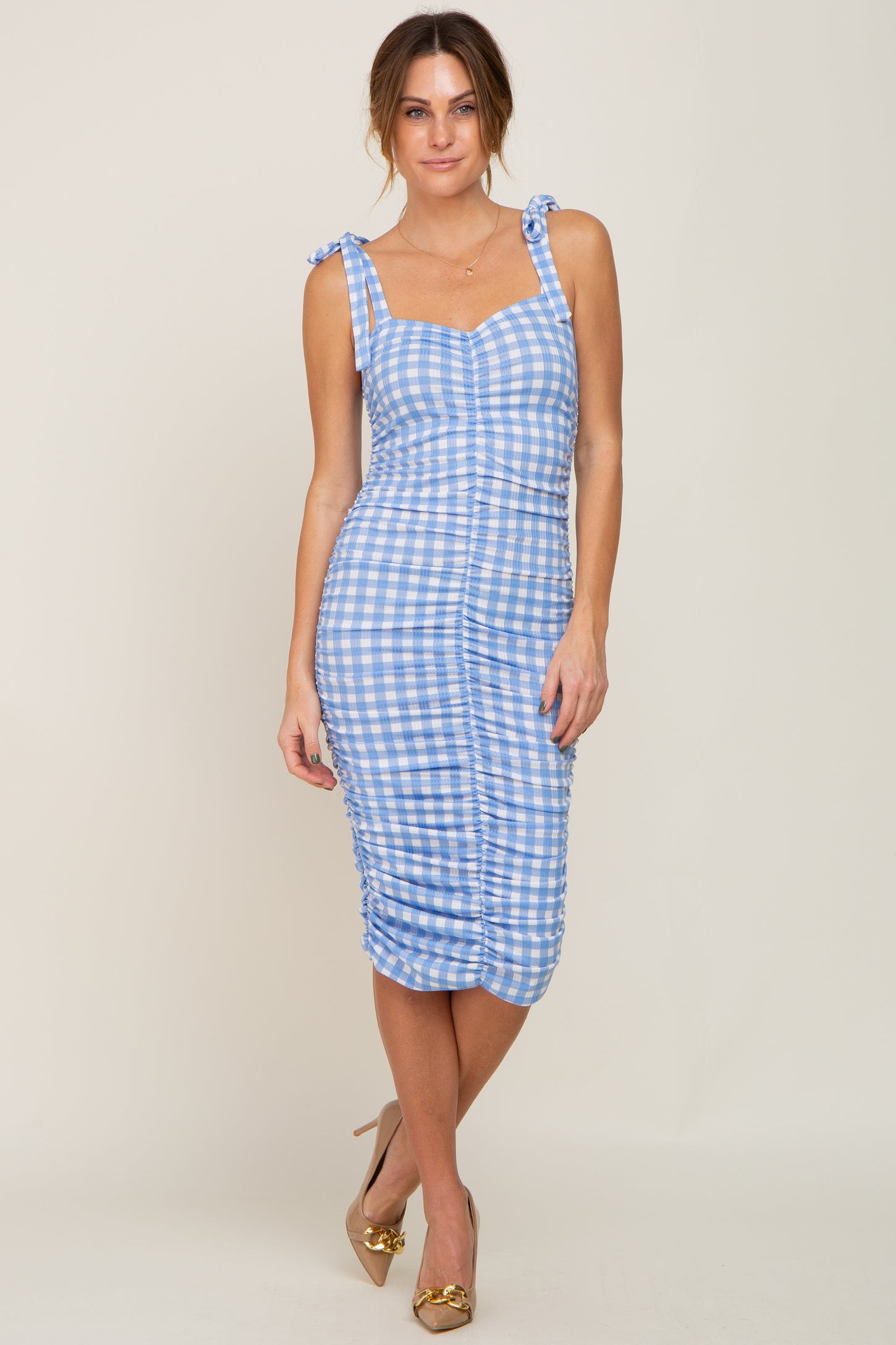 Blue Gingham Print Ruched Shoulder Tie Dress– PinkBlush