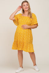 Yellow Floral Smocked Square Neck Ruffle Hem Maternity Plus Dress