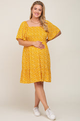 Yellow Floral Smocked Square Neck Ruffle Hem Maternity Plus Dress