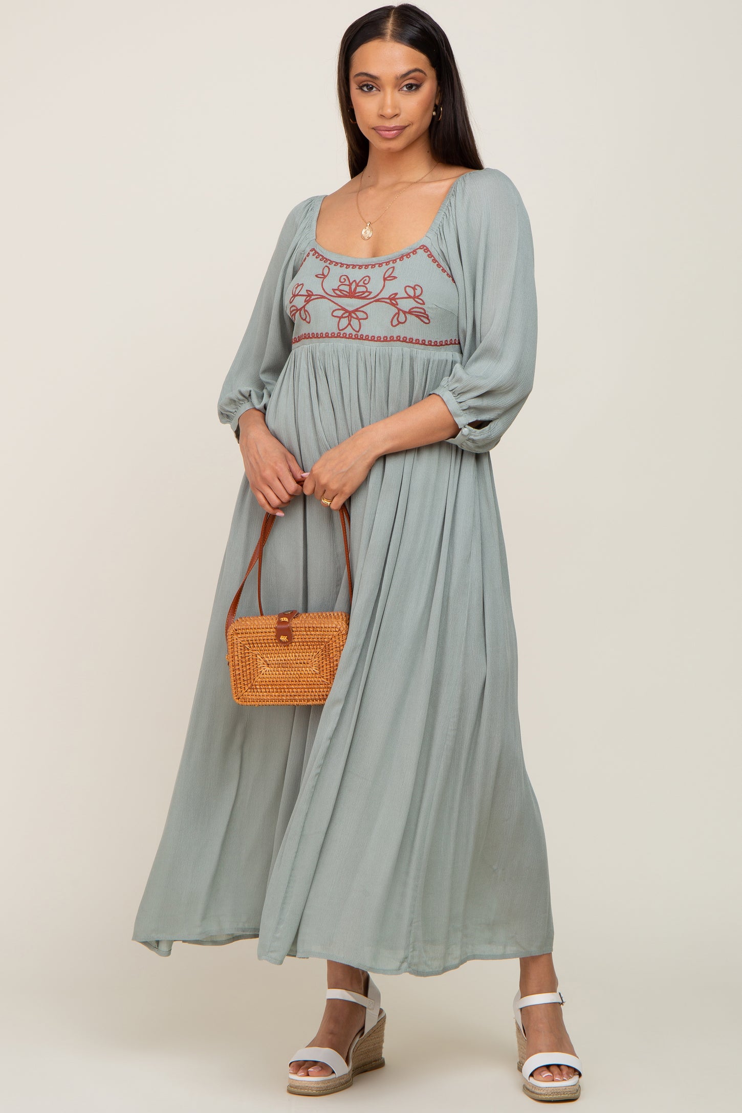 Mint Embroidered 3/4 Sleeve Maxi Dress