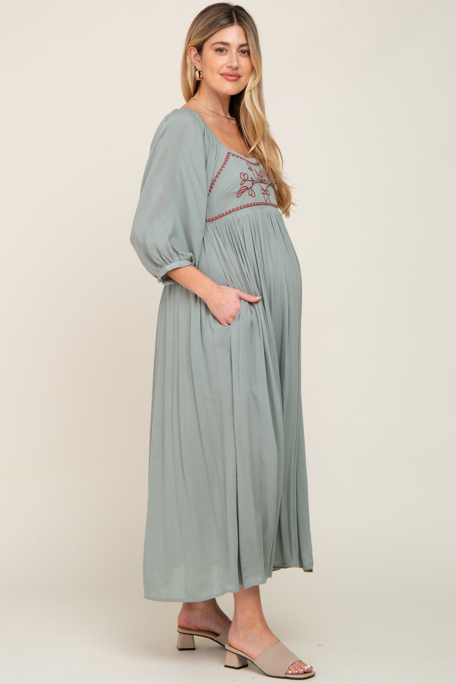 Mint Embroidered 3/4 Sleeve Maternity Maxi Dress PinkBlush Mint Embroidered 3/4 Sleeve Maternity Maxi Dress PinkBlush