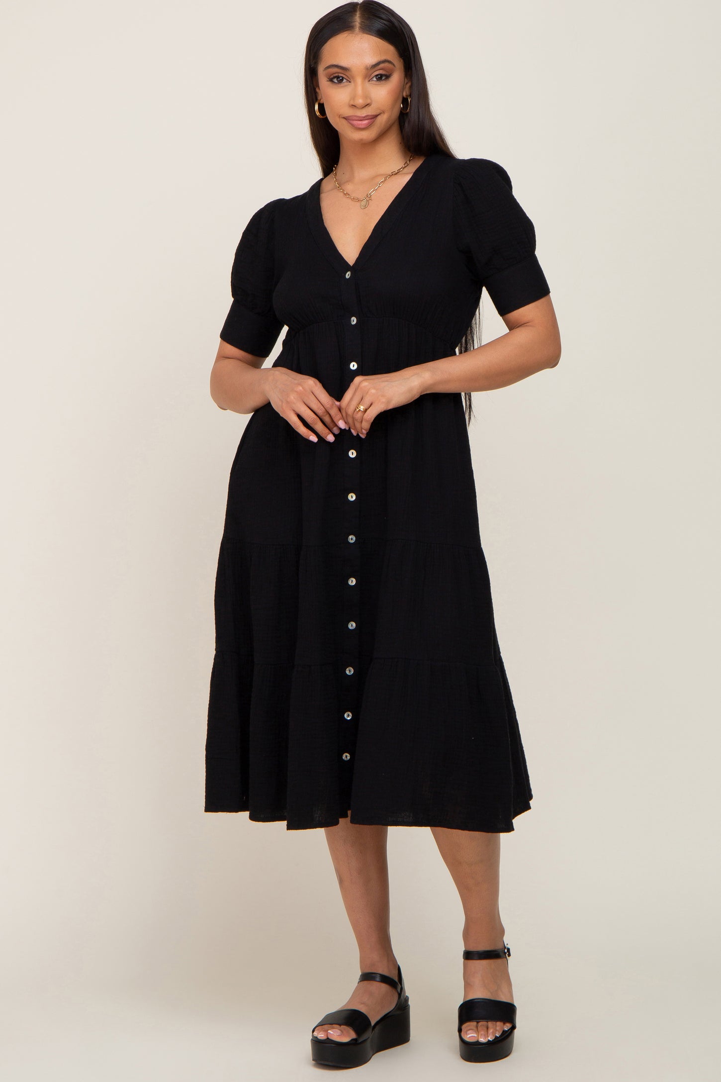 Black Button Down Short Sleeve Maternity Dress– PinkBlush
