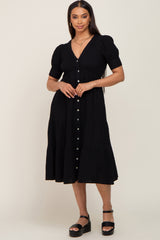 Black Button Down Short Sleeve Maternity Dress