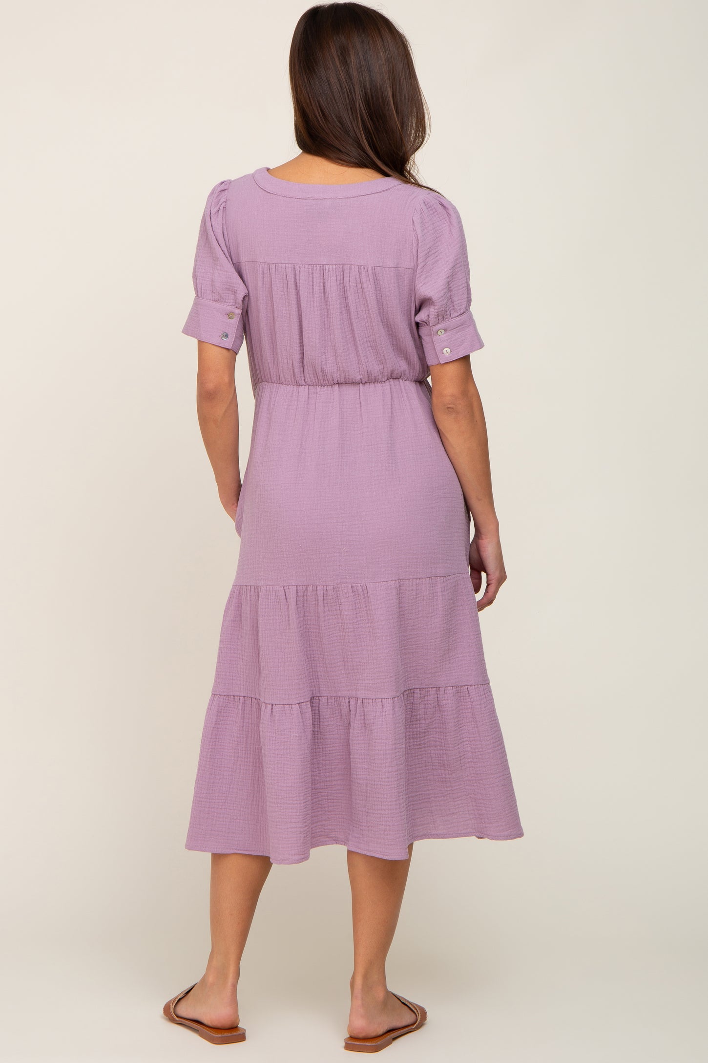 Lavender Button Down Short Sleeve Maternity Dress
