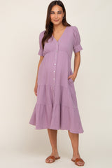 Lavender Button Down Short Sleeve Maternity Dress