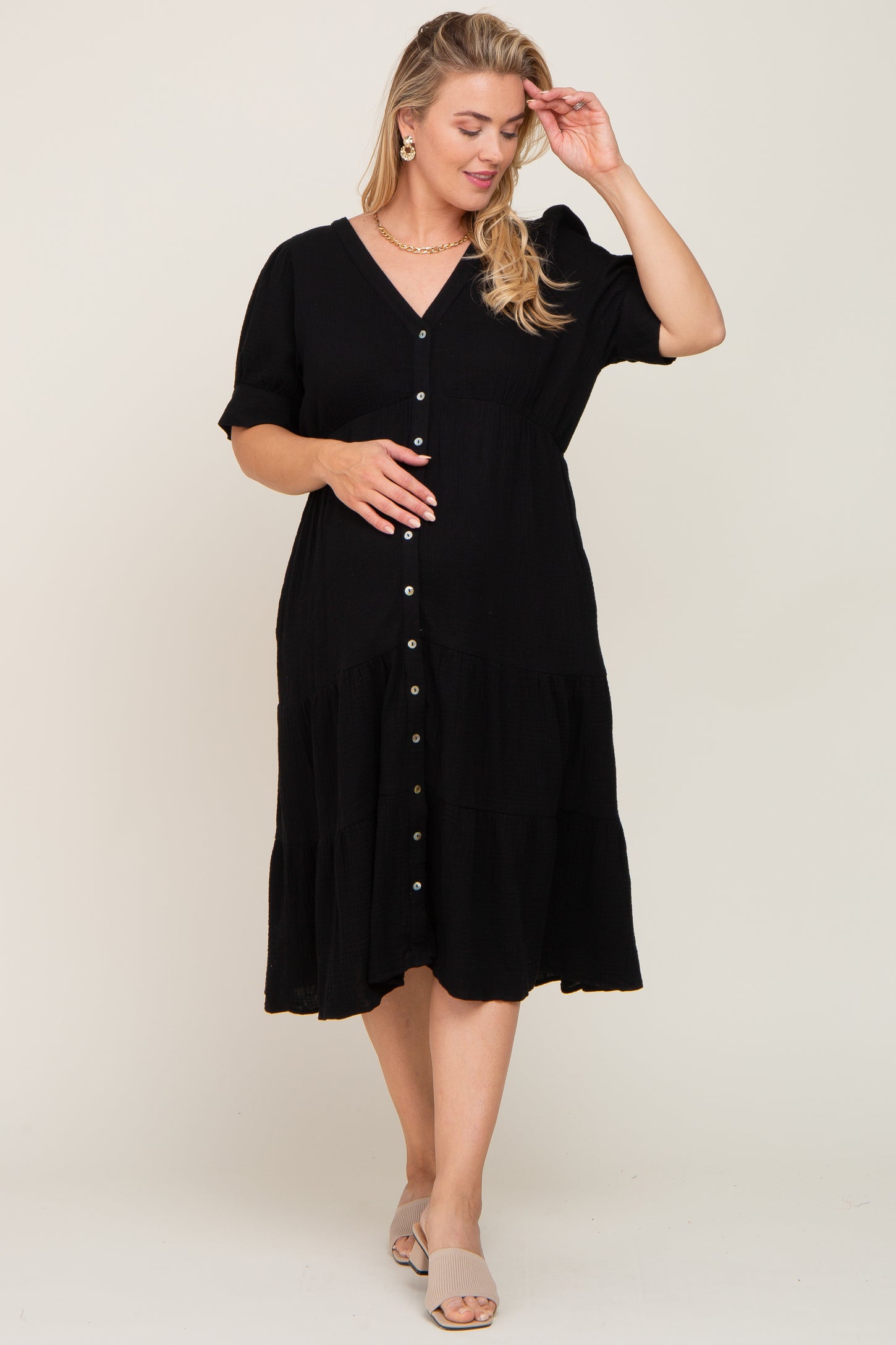 Black Button Down Short Sleeve Plus Maternity Dress– PinkBlush