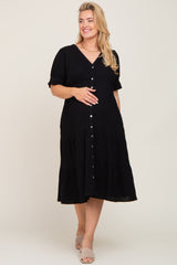 Black Button Down Short Sleeve Plus Maternity Dress