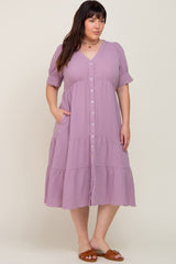 Lavender Button Down Short Sleeve Plus Maternity Dress
