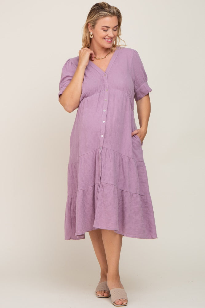 Lavender Button Down Short Sleeve Plus Maternity Dress PinkBlush Lavender Button Down Short Sleeve Plus Maternity Dress PinkBlush