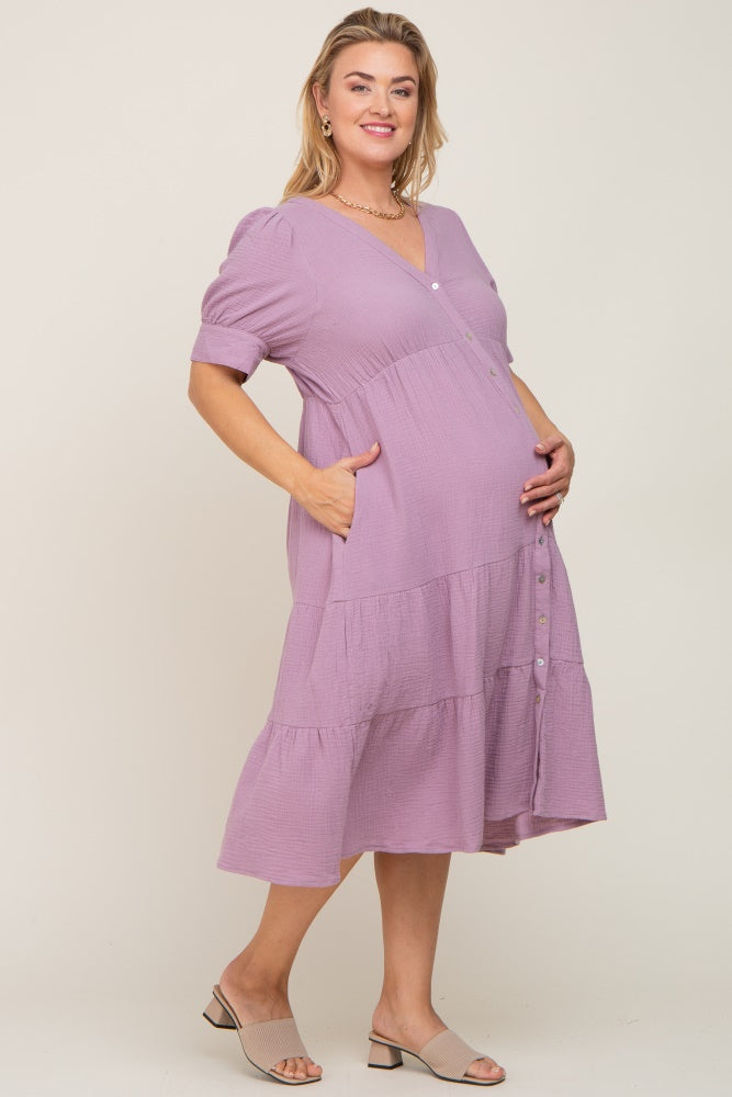 Lavender Button Down Short Sleeve Plus Maternity Dress