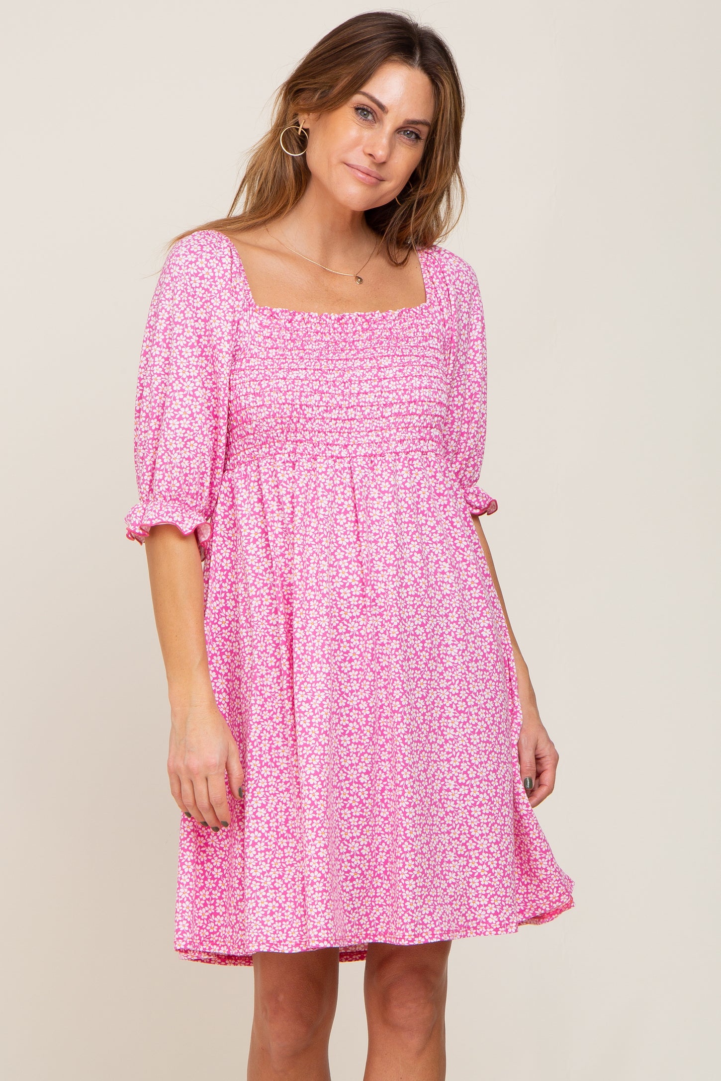 Pink Floral Smocked Square Neck Dress– PinkBlush