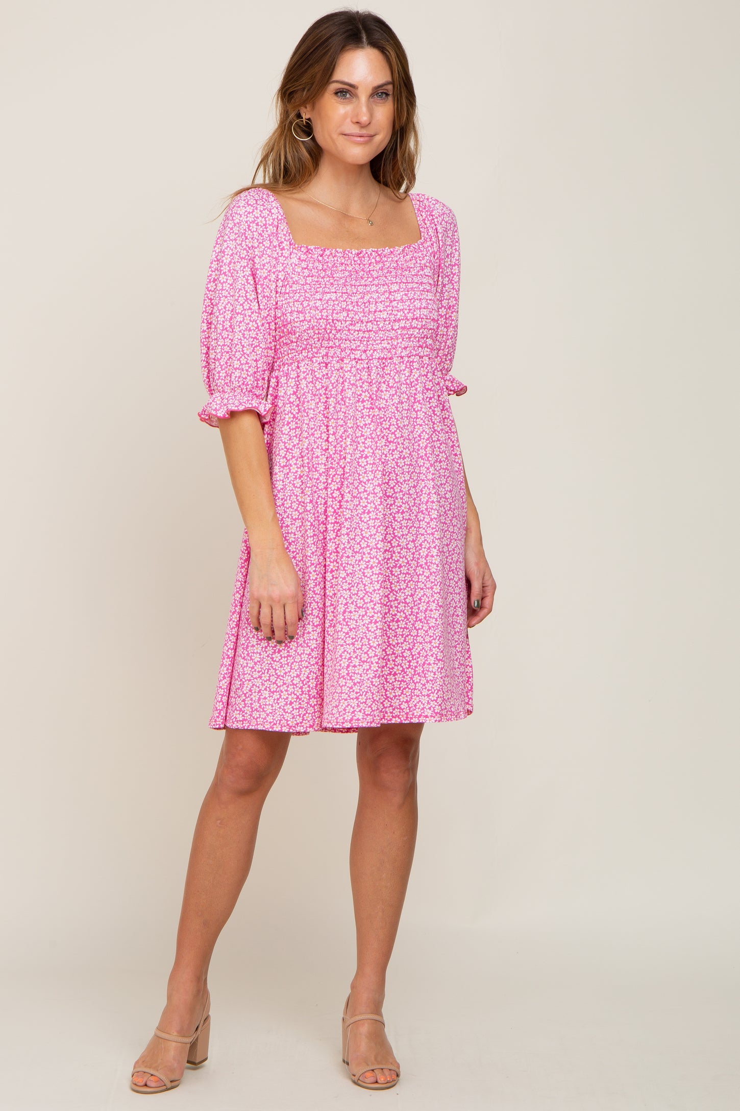 Pink Floral Smocked Square Neck Dress