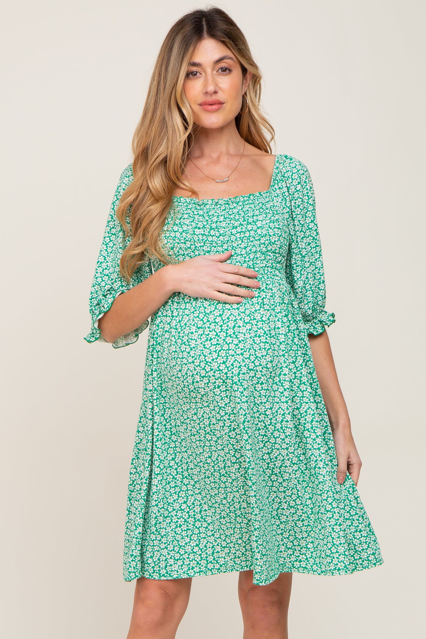 Green Floral Smocked Square Neck Maternity Dress– PinkBlush