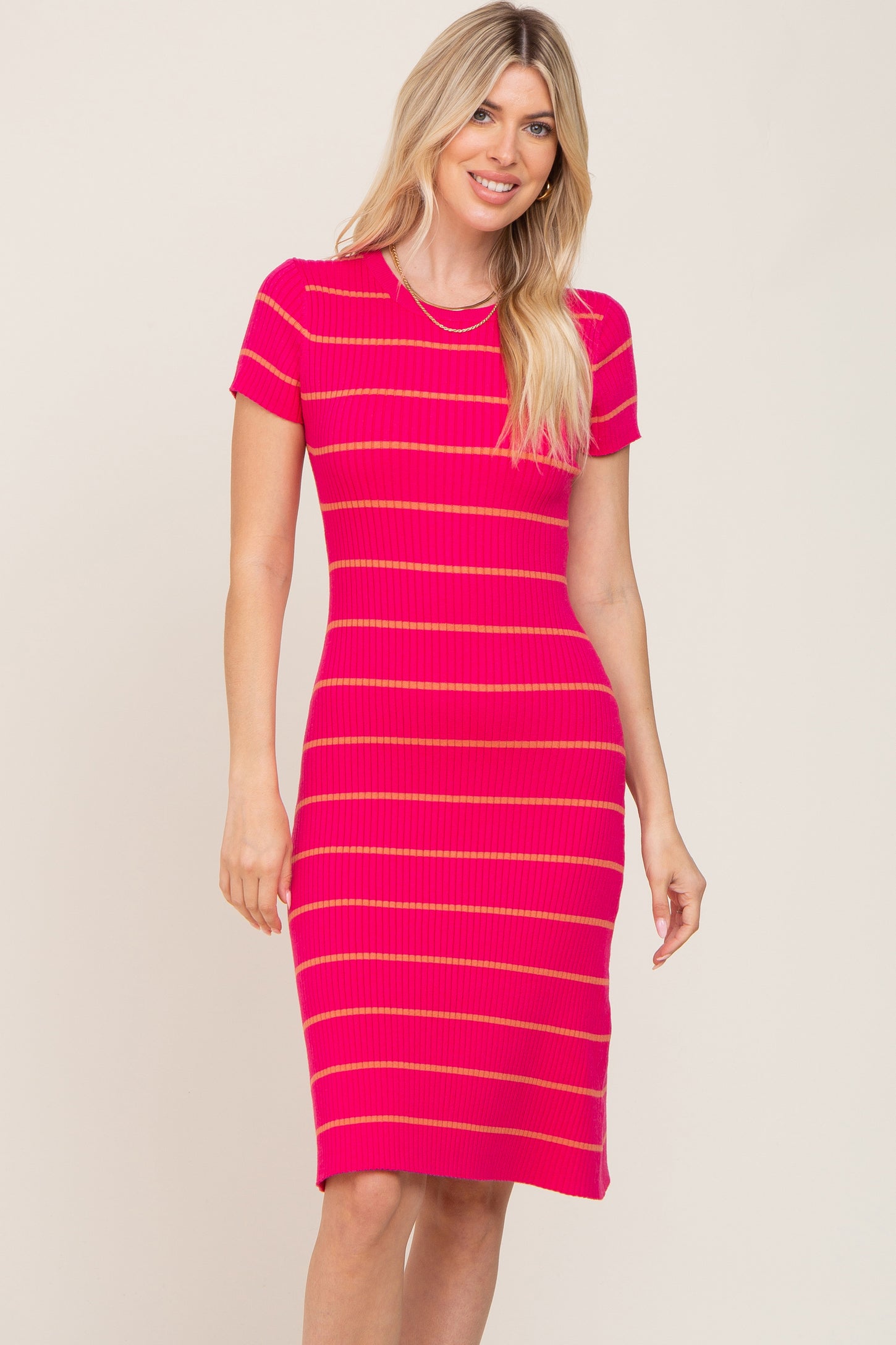 Fuchsia Striped Ribbed Fitted Sweater Dress Fuchsia Striped Ribbed Fitted Sweater Dress