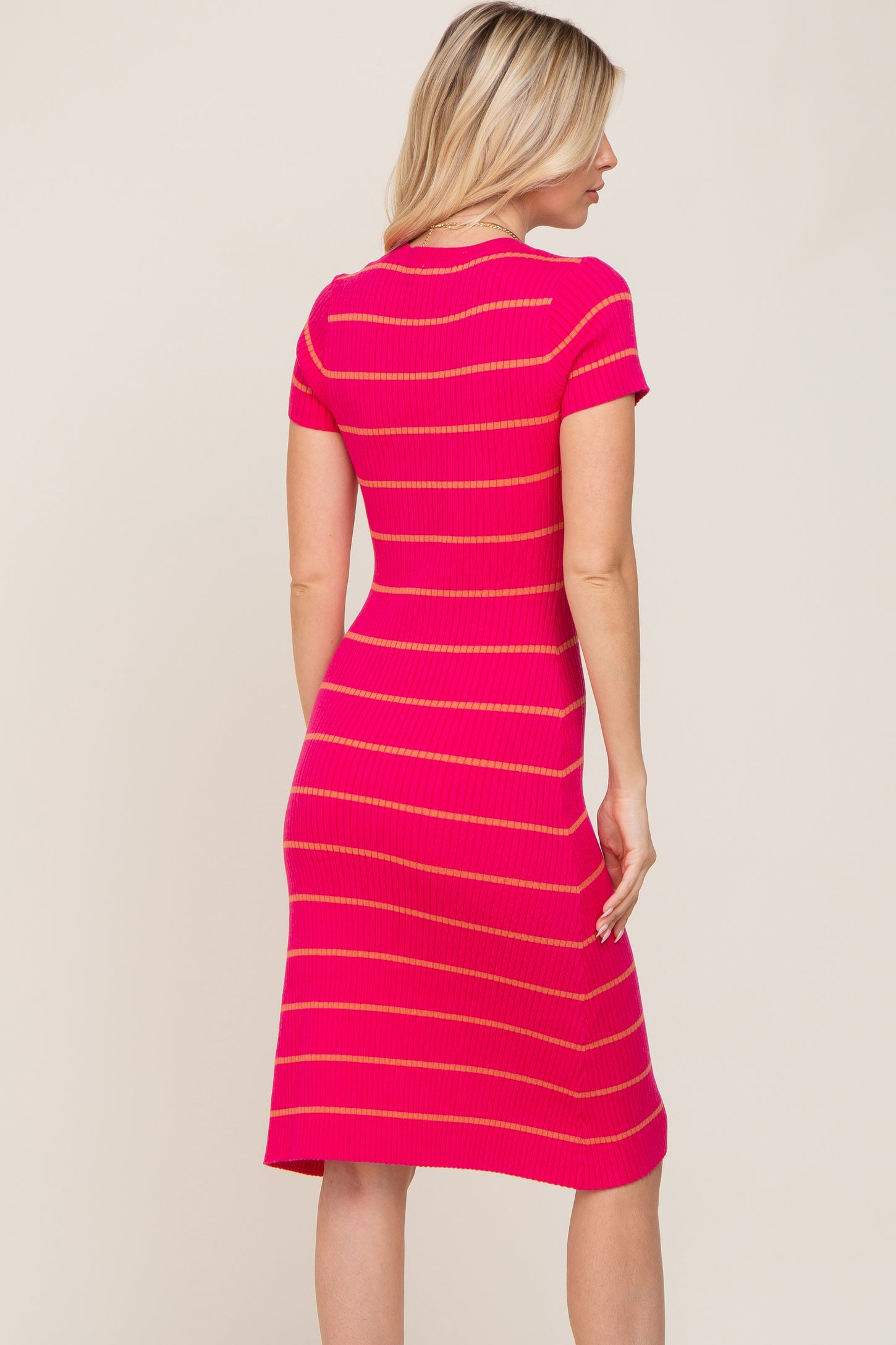 Fuchsia Striped Ribbed Fitted Sweater Dress