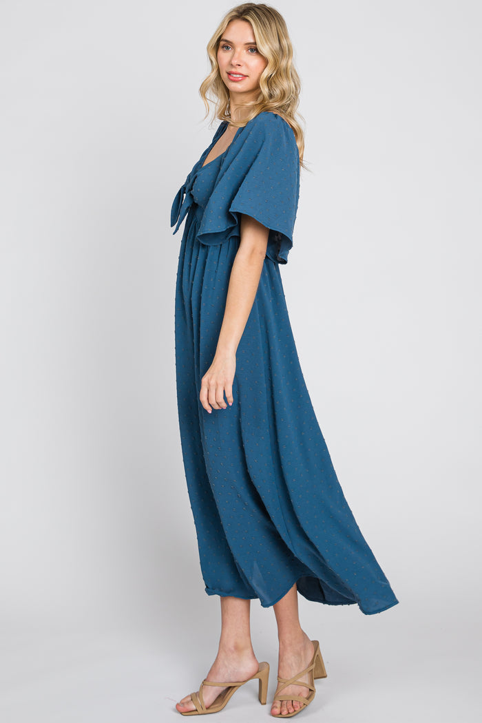 Navy Blue Textured Dot Front Tie Ruffle Sleeve Midi Dress