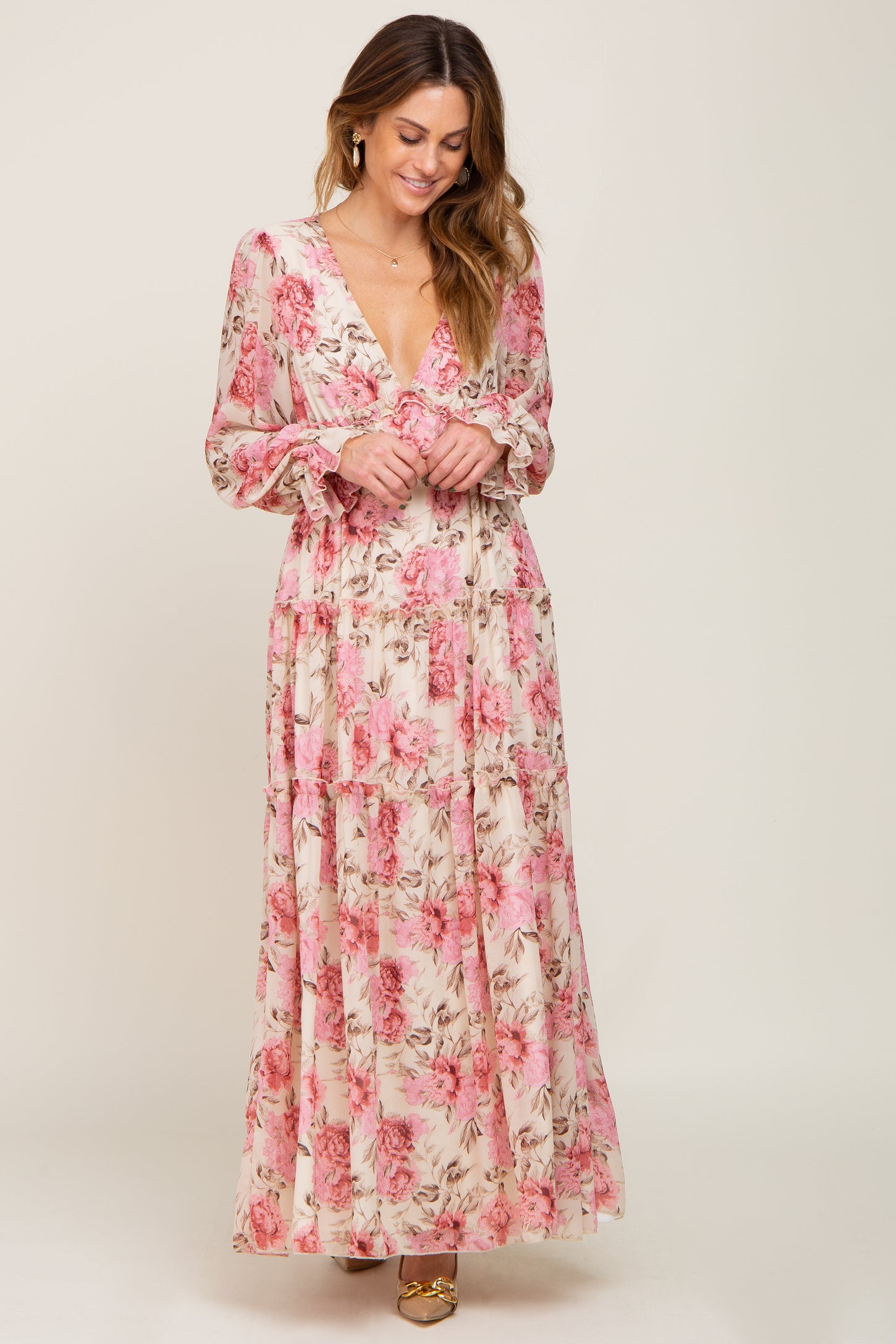 Ivory Floral Chiffon Ruffle Tiered Maternity Maxi Dress Small Ivory Floral Chiffon Ruffle Tiered Maternity Maxi Dress Small