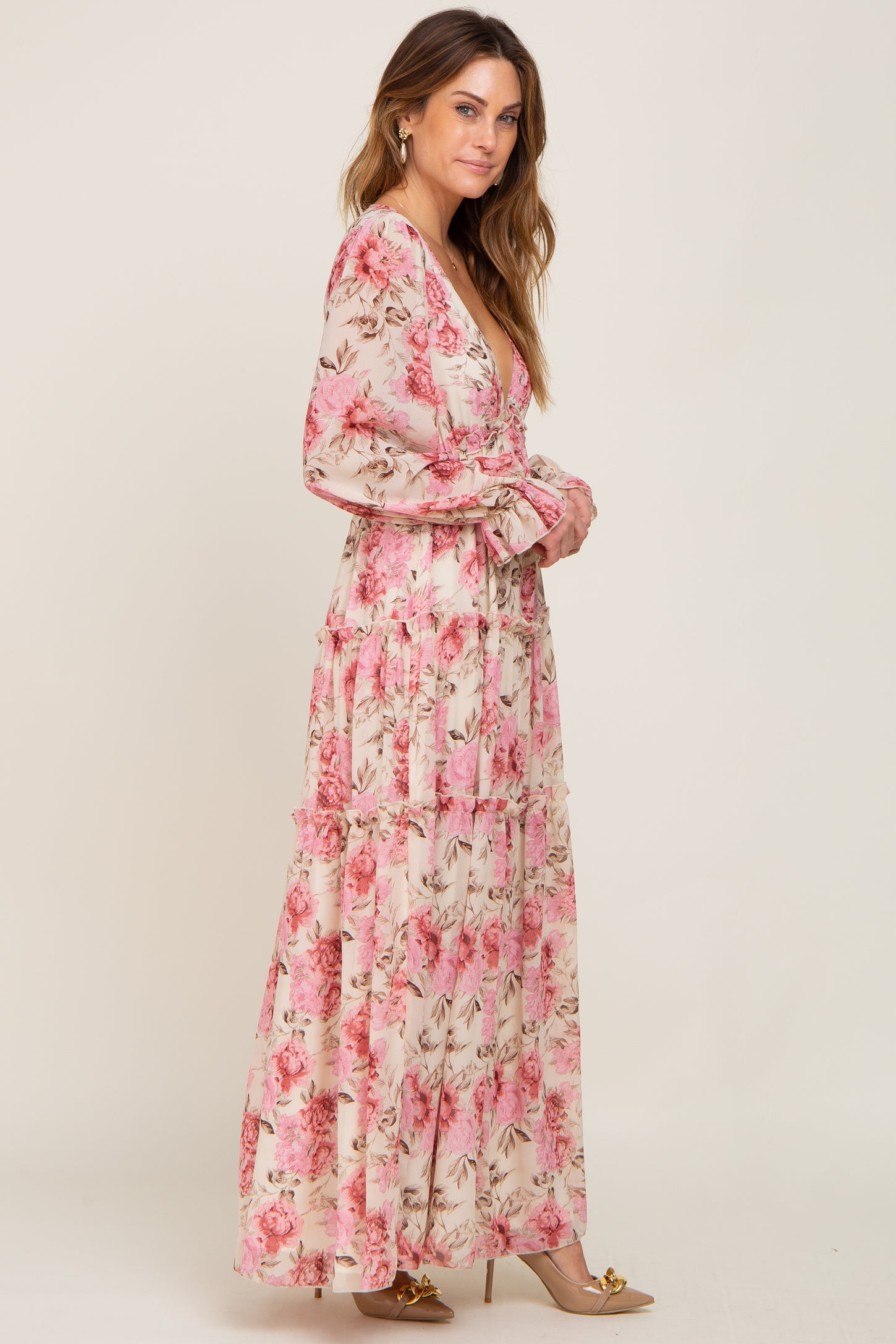 Ivory Floral Chiffon Ruffle Tiered Maxi Dress PinkBlush Ivory Floral Chiffon Ruffle Tiered Maxi Dress PinkBlush