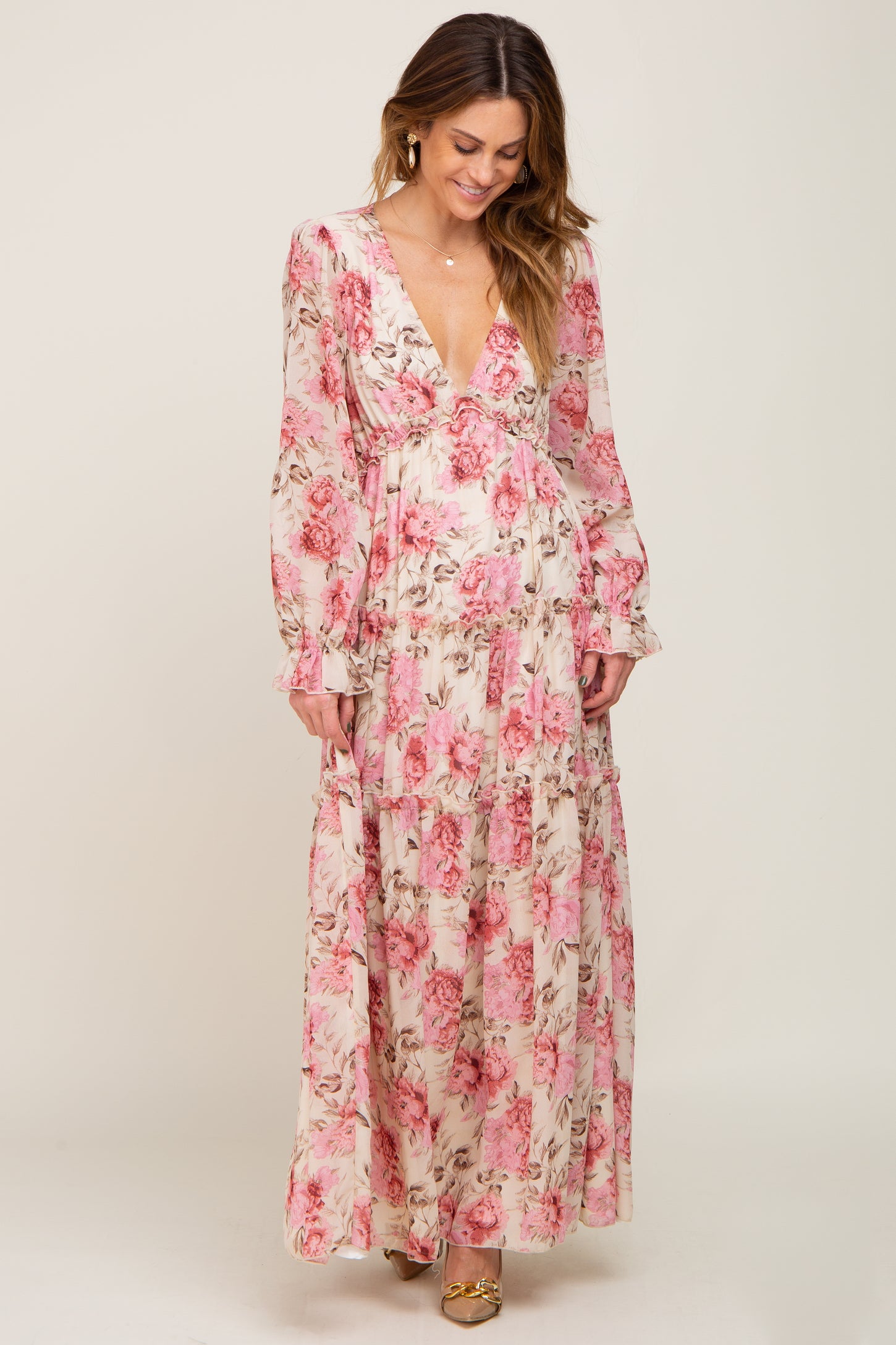 Ivory Floral Chiffon Ruffle Tiered Maxi Dress – PinkBlush