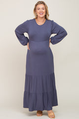 Blue Long Sleeve Tiered Maternity Plus Maxi Dress