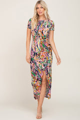 Navy Multi-Color Floral Side Slit Maxi Dress