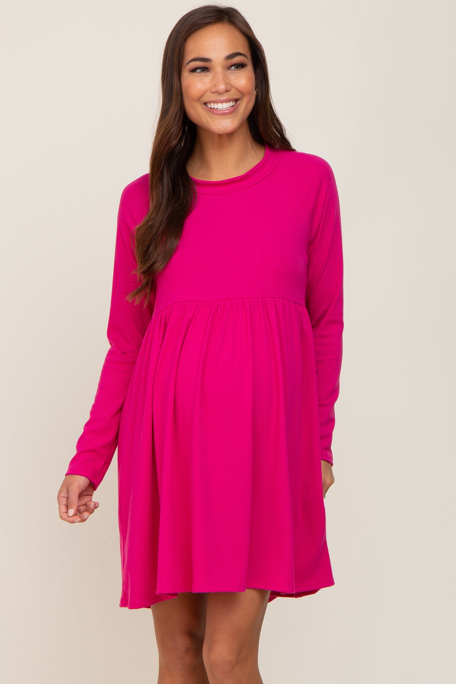 Fuchsia Ribbed Basic Long Sleeve Maternity Dress PinkBlush