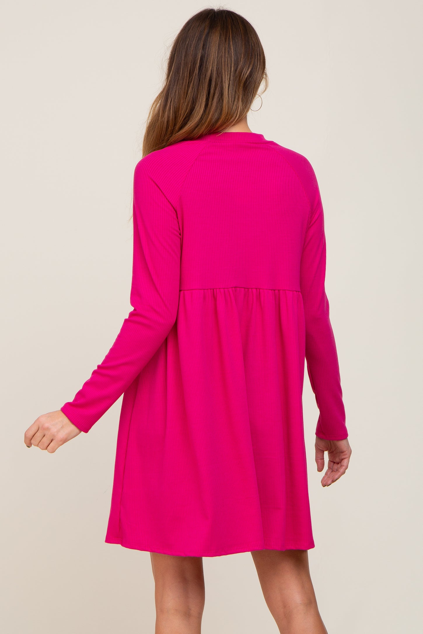 Fuchsia Ribbed Basic Long Sleeve Dress